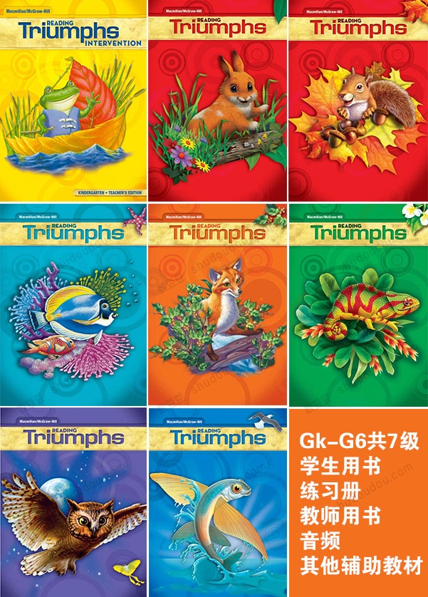 美国小学阅读教材《Reading Triumphs》Gk-G6共7级 学生用书+练习册+教师用书+音频+其他辅助教材